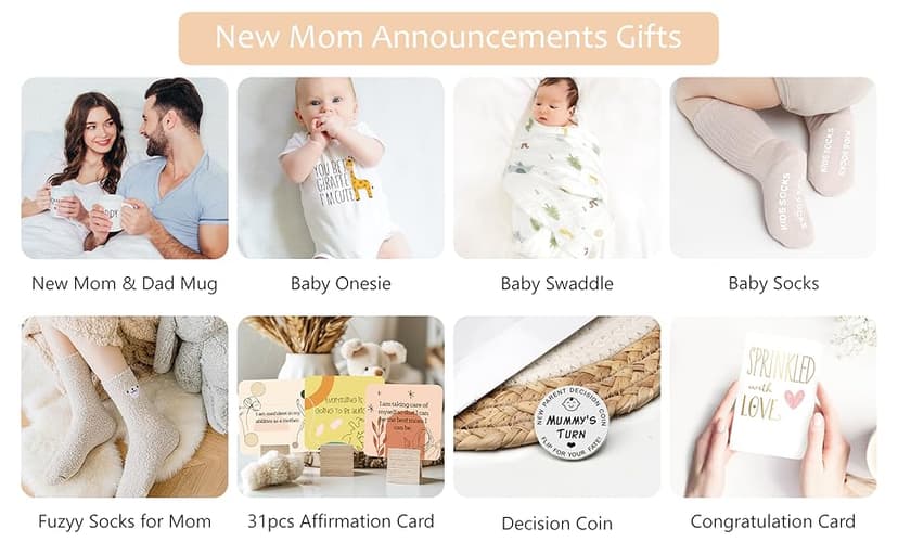 New Mom Gifts for Women, 9pcs Pregnancy Gifts for Expecting Mom, Cute Baby Gifts New Parents Gifts for Couples w/Mom and Dad Mugs for Gender Reveal Baby Shower First Time Mom to be Gifts(Khaki)