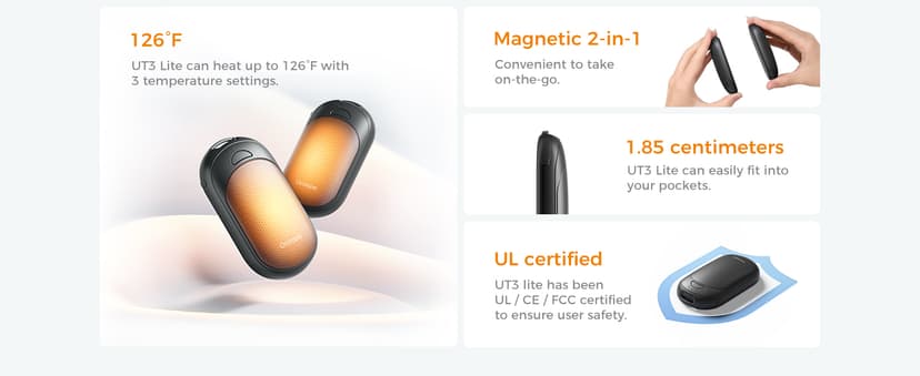 OCOOPA Magnetic Hand Warmers Rechargeable 2 Pack, Electric Handwarmers, Smart Heating UL Certified, 3-Settings,Portable Heater, Ultra Slim Pocket, Hunting Essentials, Gifts for Christmas Men, UT3 Lite