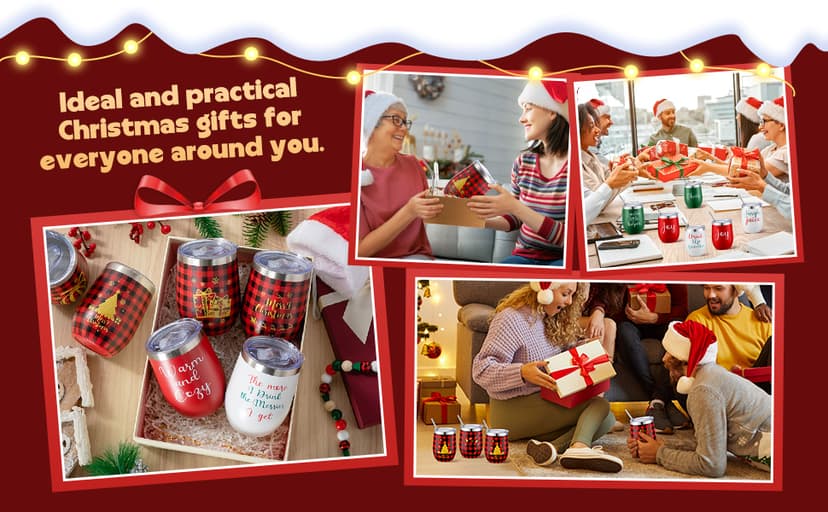 12 Pcs Christmas Wine Tumbler Set, 12 Oz Stainless Steel Double Wall Vacuum Insulated Coffee Mug Stemless Xmas Wine Glasses With Lid Straw Brushes for Women Friends Men Travel Gifts (Texts)