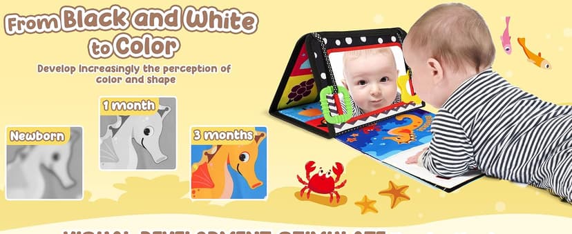 URMYWO Tummy Time Toy - Black and White High Contrast Baby Toys for Newborn - Baby Visual Stimulation Mirror - Montessori Sensory Crinkle Toy for Infant 0-3-6-12 Months - Shower Gift for Boy Girl
