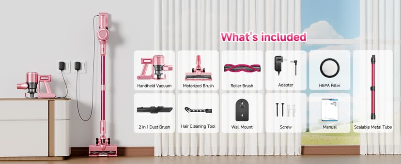 Cordless Vacuum Cleaner, 38Kpa Powerful Stick Vacuum Cleaner with 45mins Rechargeable Battery, LED Anti-Tangle Brush, 8-in-1 Handheld Vacuum Cleaners for Home/Pet Hair/Carpets/Floors, Pink