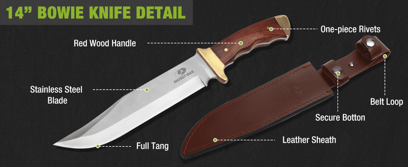 Mossy Oak 14-inch Bowie Knife, Full-tang Fixed Blade, Wood Handle Hunting Knife with Leather Sheath for Camping, Hiking, Survival