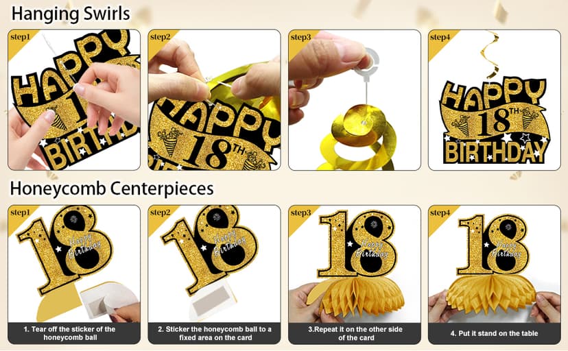 11Pcs 18th Birthday Decorations Kit for Men Women, Black Gold Happy 18th Birthday Banner, Awesome Since 2007 Centerpieces Swirls Party Supplies, Eighteen Bday Banner Ceiling Table Topper Sign