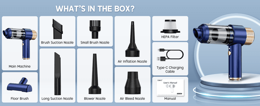 JONYJ Handheld Car Vacuum Cleaner, 16000PA Hand Held Vacuum Portable Cordless, 2 in 1 Air Duster and Vacuum Cleaner with LED Light, Multi-Nozzles, 120W High Power Mini Vacuum for Home, Pet, Office