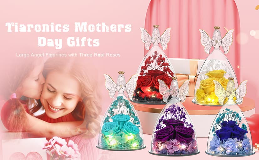 Christmas Rose Gifts for Women Preserved Real Flower in Glass Angel Figurines Roses for Delivery Prime Birthday Gifts for Mom Grandma Girlfriend Wife Her - Purple