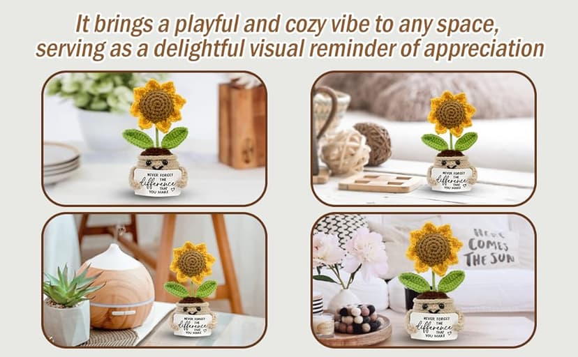 Mini Positive Crochet Sunflower, Cute Cheer Up Gifts for Women, Crochet Plant with Optimistic Card for Nurse Teacher Boss, Thank You Gifts for Friends, Coworker and Sunflower Decor