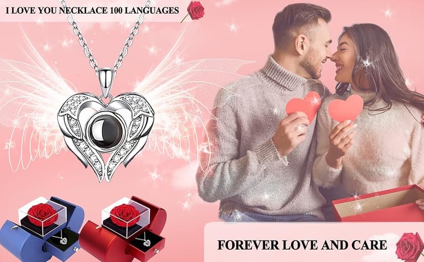 Preserved Real Rose with I love you Necklace 100 Languages, Gifts for Girlfriend, Women, Mom, Wife, Gifts Idea on Christmas, Valentine's Day, Mother's Day, Birthday, Anniversary, Thanksgiving