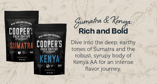 Gourmet Coffee Sampler Gift Box Set, Roasted Coffee Ground, Sumatra Dark, Kenya AA Medium-Dark, Rwanda Medium, Natural Ethiopian Light, Ground, 4 Bags, 16 oz Total