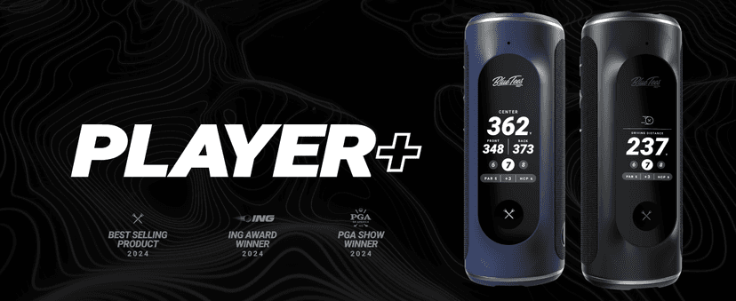 Blue Tees Golf Player+ GPS Speaker with Touch Screen Display, 10+ Hours Battery, 40,000+ Courses, Visual + Audible Distance, Hazard Distance - IPX7 Waterproof (Navy)