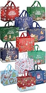 PARSUP 8PCS Christmas Gift Bags, Non-Woven Christmas Bags with Handles, Treat Tote for Gifts Wrapping Shopping, Xmas Party Supplies