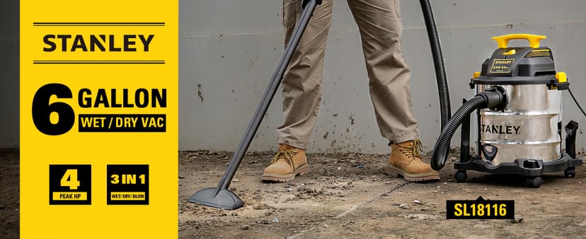STANLEY SL18116 Wet/Dry Vacuum, 6 Gallon, 4 Horsepower, Stainless Steel Tank, 4.0 HP, Silver+Yellow