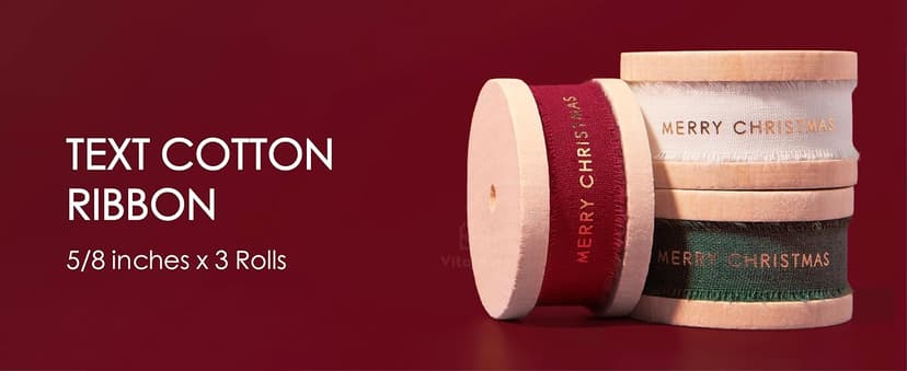 Vitalizart Merry Christmas Ribbon 5/8 Inch Natural Cotton Handmade Frayed Fringe Ribbons 15 Yd for Gift Wrapping Crafts Flower Wreath Garland Holiday Decorations Green Red White