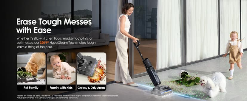 Tineco Floor One S7 Stretch Steam Cordless Wet Dry Vacuum Steam Mop All-in-One, 320℉ HyperSteam, 180° Lay-Flat, Anti-Tangle Design, FlashDry Self-Cleaning, Up to 75 Min Runtime