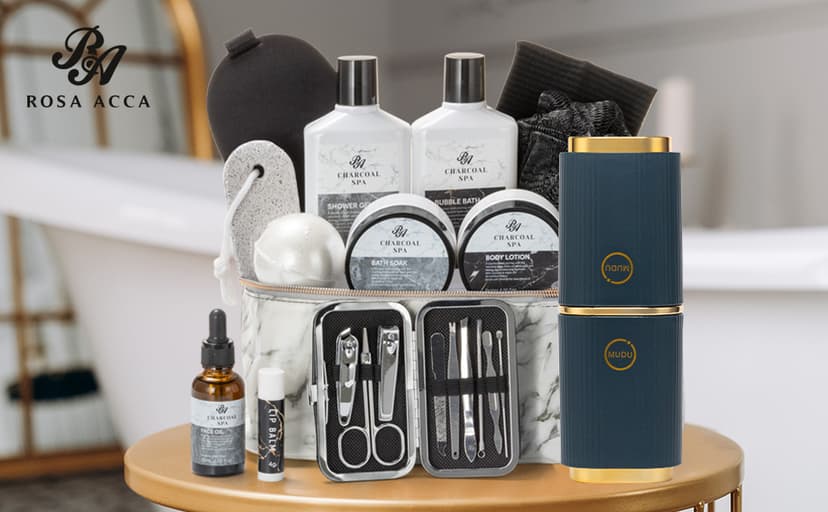 Father's Day Bath and Body Gift Basket for Men and Women, 23pcs Charcoal Luxury Home Spa Kit for Mother in Cosmetics Leather Bag, Face Oil, Birthday Gift, Self Care, perfect for Christmas, Holiday