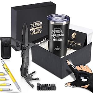 Gifts for Men - 6-in-1 Gift Set with Stainless Steel Tumbler,Multi-Tool Knife,LED Gloves & Tool Pen Keepsake Box | Last Minute Birthday, Father's Day Anniversary Box Gifts for Dad,Husband