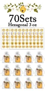 Aliggbent 48 Pack Mini Honey Jars Party Favors in Bulk, 1.5 oz Small Hexagon Glass Honey Jars with Dippers, Lids, Cute Stickers, Bee Charms, Gift Bags and Jute for Baby Showers, Weddings & Birthdays