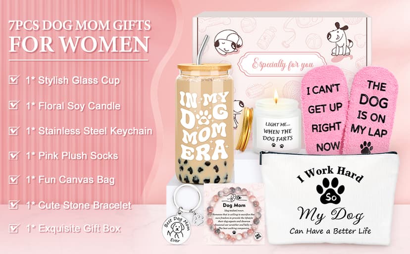 Dog Mom Gifts for Women Dogs Themed Gift for Dog Lovers Gifts for Women Gift for Dogs Owners Puppy Themed Basket - Drinking Cup Makeup Bag Candle Bracelets Keychain Socks