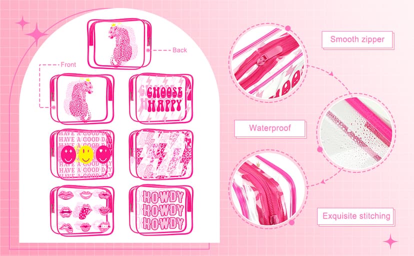 Cunno 6 Pcs Makeup Bags Gifts for Women Preppy Boho Smile Face Flamingo Clear Makeup Bags Cosmetic Transparent PVC Travel Toiletry Organizer(Boho Style)