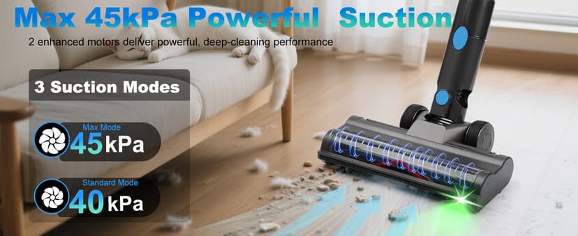 Cordless Vacuum Cleaner, 45kPa 60Min Vacuum Cleaners For Home, Powerful Stick Vacuum Rechargeable With Green Light, Anti tangle Wall Mount, 8 in 1 Lightweight Vacuum For Hardwood Floor Pet Hair Carpet