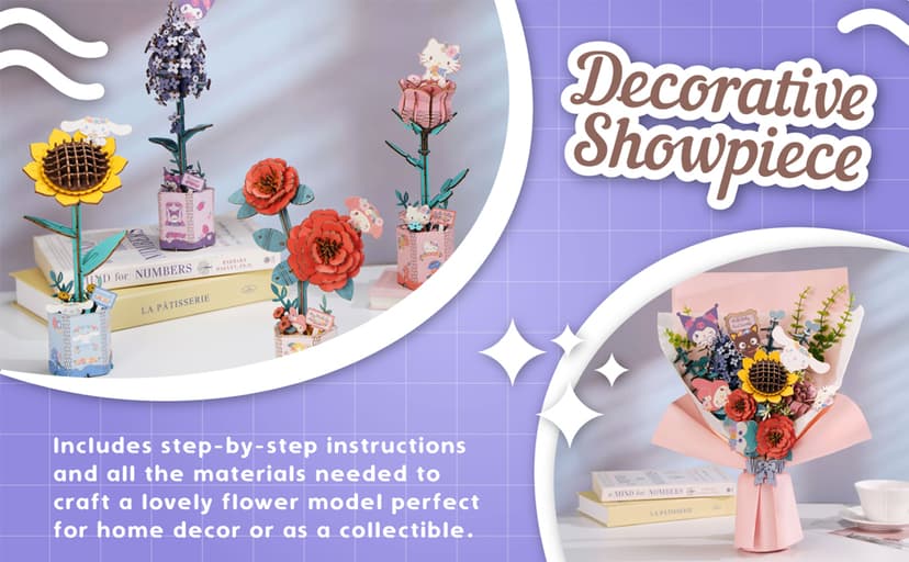 Hands Craft Hello Kitty and Friends Pink Rose 3D Wooden Puzzle Kit | DIY Flower Model | Arts & Crafts for Adults & Kids | Creative Hobby Kits | Hello Kitty Collectible | Wood Building Set