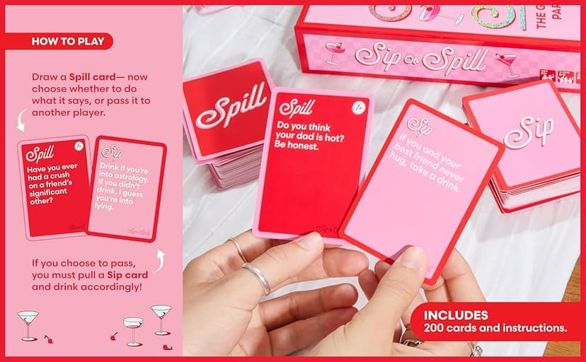 Sip or Spill Party Drinking Game, Fun Social Drinking Games for Adults, Games and Card Games, Includes 200 Cards and Instructions