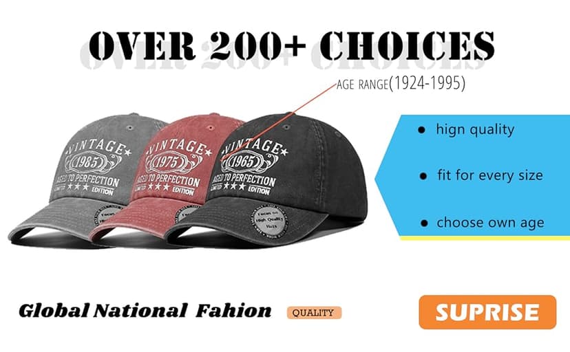 Birthday Gifts for Men Women, Personalized 30th - 100th Birthday Gifts, 1924-1995 Vintage Hat