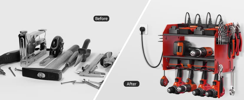 CCCEI Modular Power Tool Organizer Wall Mount with Charging Station. Garage 4 Drill Storage Shelf with Hooks, Screwdriver, Drill Bit Heavy Duty Rack, Tool Battery Holder Built in 8 Outlet Power Strip.