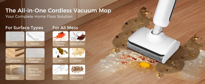 Wet Dry Vacuum Cleaner, 180°Lie-Flat Vacuum Mop All in One with Auto Self-Cleaning, Smart Floor Cleaner Machine for Hard Floor, 45 Mins Runtime, Edge Cleaning, Self-Propelled Vacuum Mop Combo