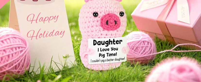 Funny Positive Pig Gifts for Daughter Birthday Christmas, Handmade Crochet Emotional Inspirational Pink Pig for Daughter Teens Adult, Daughter Gifts for Birthday Graduation Christmas Cute Decor