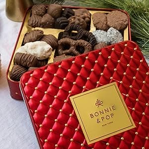 Christmas Chocolate Gift Basket – Gourmet Holiday Snack Gift Box Idea in Keepsake Tin – Men, Women, Corporate, Food Set- Bonnie and Pop