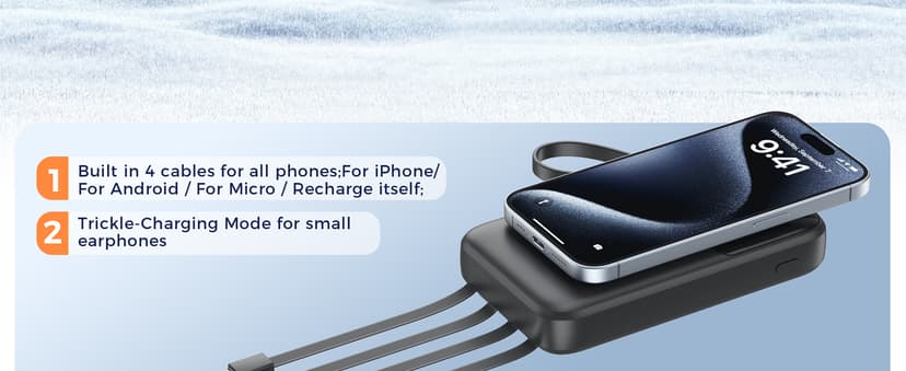 Power Bank, 15000mAh Portable Charger with Built in Cable, 22.5W Fast Charging, 6 Outputs, Slim Travel Essential Battery Pack with LED Display, Compatible with iPhone 16/15/14/13, Samsung, iPad, etc