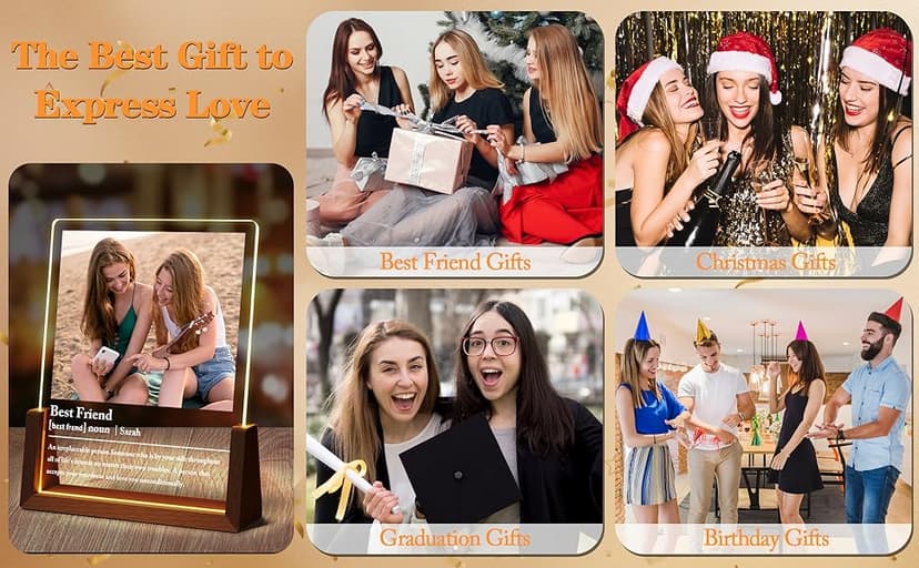 Personalized Best Friend Birthday Gifts for Women, Unique Friendship Gifts, Custom Acrylic Night Light Friend Picture Frame with Photo Name, Long Distance BFF Sister Bestie Christmas Gift