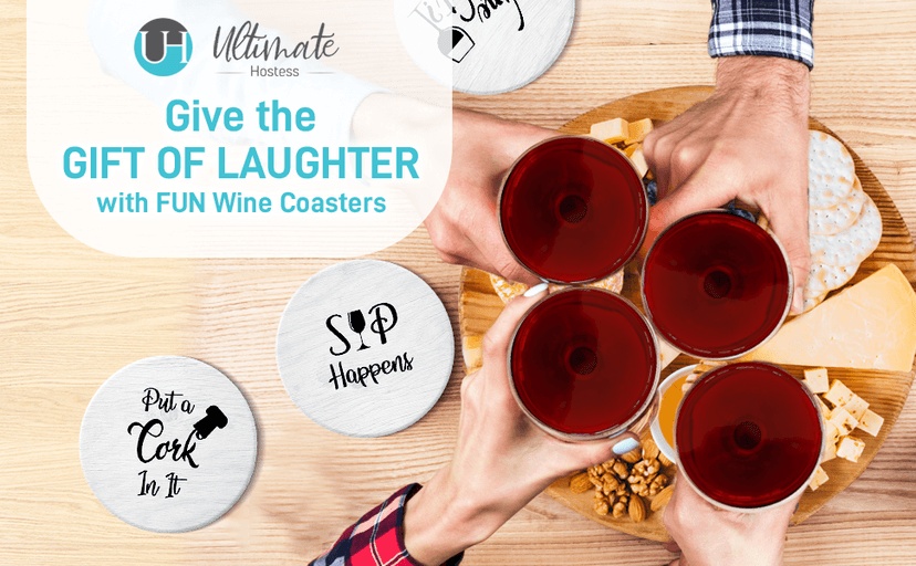 Coasters for Drinks Absorbents with Holder - 6 Pcs Gift Set with 6 Funny Sayings for Wine Lovers - Ceramic Stone with Corked Back, Unique Present for Housewarming, Living Room Decor