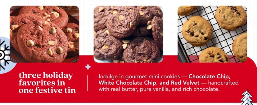 David's Cookies Christmas Cookies Gift Box - Fresh Baked Assorted Mini Cookies in Winterwonderland Tin with Chocolate Chip, White Chocolate Chip & Red Velvet - Gourmet Holiday Food Gift Basket