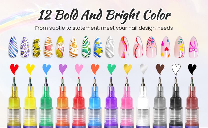 Nail Art Pens Set 12 Colors Nail Art Markers,2025 Nail Polish Pens Drawing Painting Pen for Home Salon,Quickly Dry Nail Art Nail DIY Decoration for Adult Kids (12-Colors)