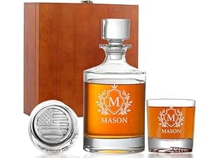 Personalized Whiskey Decanter, Custom Liquor Decanter 25oz, Engraved Whiskey Glass Set With Wood Gift Box Options, Whiskey Gifts for Men, Dad, Birthday, Retirement, Wedding (Square Decanter)