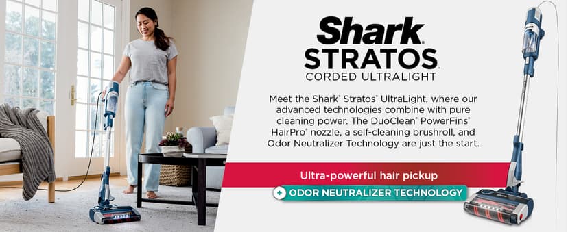 Shark HZ3002 Stratos Ultralight Corded Stick Vacuum with DuoClean PowerFins HairPro, Self-Cleaning Brushroll, & Odor Neutralizer Technology, Navy