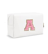 Small Personalized Initial A-Z Preppy Patch Makeup Bag,White PU Chenille Letter Travel Cosmetic Pouch with Zipper,Cute Toiletry Bag,Gift Ideal for Teen Girls Women Teacher Bridesmaid,Letter E