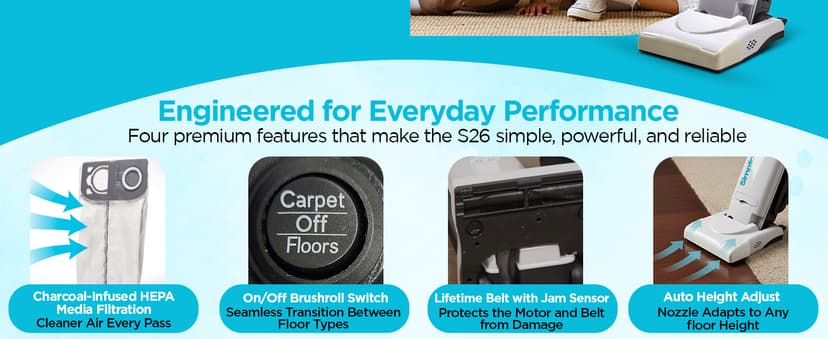 Simplicity Vacuums Premium Allergy Upright Vacuum Cleaner – Multi-Surface Bagged Vacuum Cleaner for Home with Charcoal HEPA Filter Media, Powerful Pet Hair Pickup, Brushroll Activation Switch, S26