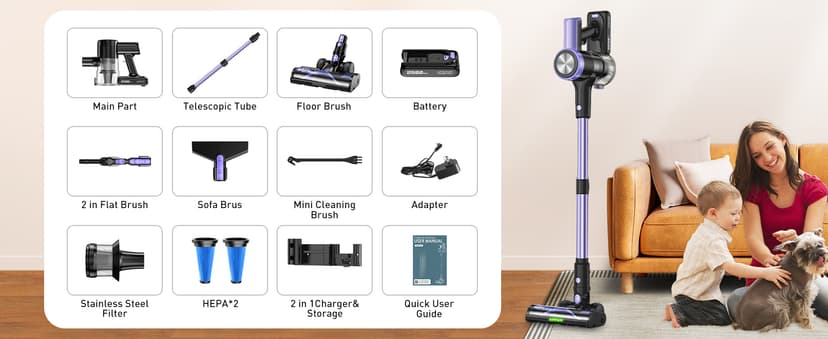 Cordless Vacuum Cleaner, 46KPa/500W Stick Vacuum with 55 Mins Runtime, Self-Standing Vacuum Cleaner for Home, LED Display, Anti-Tangle Brush, Rechargeable Vacuum for Hardwood Floor, Pet Hair (Violet)