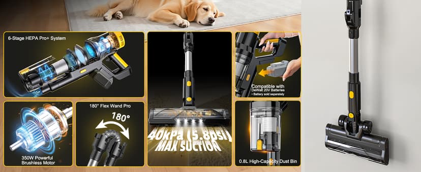 LIVOWALNY Cordless Vacuum Cleaner Compatible with DeWalt 20V Battery, 350W Brushless 40kPa Suction, 0.8L Dual Dust Cup, LED Floor Brush & 180° Flex Wand for Hardwood & Carpet (Battery Not Included)