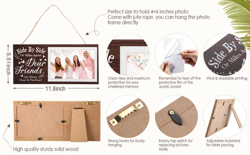 Jetec Wooden Friends Picture Frame 12 x 5.5 Inch Photo Frame Graduation Day Dear Friends Gifts Long Distance Friendship Photo Gifts(Brown)