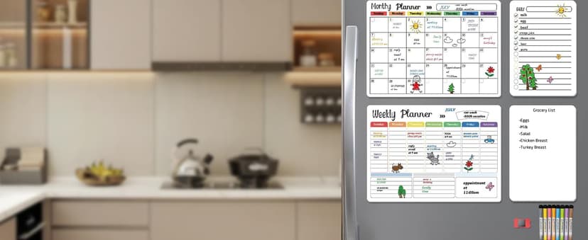 Hivillexun Magnetic Dry Erase Calendar Whiteboard Set (3-Pack) for Fridge, Wall, and Refrigerator Organization – Monthly, Weekly, and Daily Planners with 8 Markers and Eraser