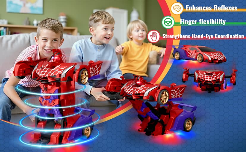 Spider Transform RC Cars Toys with Eye & Underbody Lights, 2.4GHz Remote Control Car One-Button Deformation, Fast 360°Rotation Robot Toys Birthday Gifts for 3 4 5 6 7 8 9 10 Year Old Boys Age 4-7 8-12