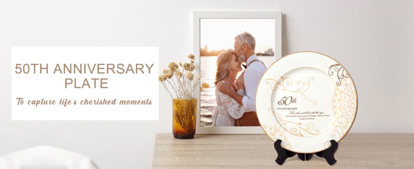 50th Anniversary Wedding Gifts for Couples Parents - 50 Year Marriage Plate with 24k Gold Foil, Golden Keepsake Gift, Ceramic 9 inch