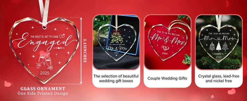 Engagement Gifts for Couples,- Engagement Gifts for Her,Women, Friends, Bride to Be Gifts, Glass Engagement Gift, First Christmas Engagement Ornaments 2025