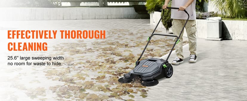 VEVOR Walk-Behind Hand Push Floor Sweeper, 25.6" Sweeping Width Floor Sweeper Manual Non-Electric, 5-Gallon Waste Container, Angle & Height Adjustable Folding Handle for Walkway, Yard, Garage, Patio