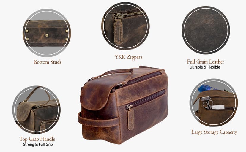 KomalC Premium Buffalo Leather Toiletry Bag for Men & Women – Leather Dopp Kit With Water resistant Lining, Premium Toiletry Travel Pouch, Unisex Wash Bag for Toiletries, Gifts for Men and Women