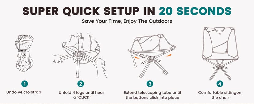 TCEK TCEK Portable High Back Camping Chair with Adjustable Height, Small Compact Outdoor Folding Chair for Adults Travel, Riselite Collapsible Lightweight Packable Camp Chairs, Easy Carry and Quick Setup