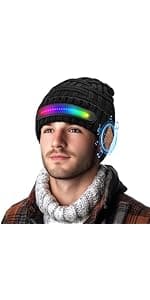 Bluetooth Beanie with Light, Headlamp Hat with Headphones and Built-in Speaker Mic, Unique Christmas Gifts for Men Husband